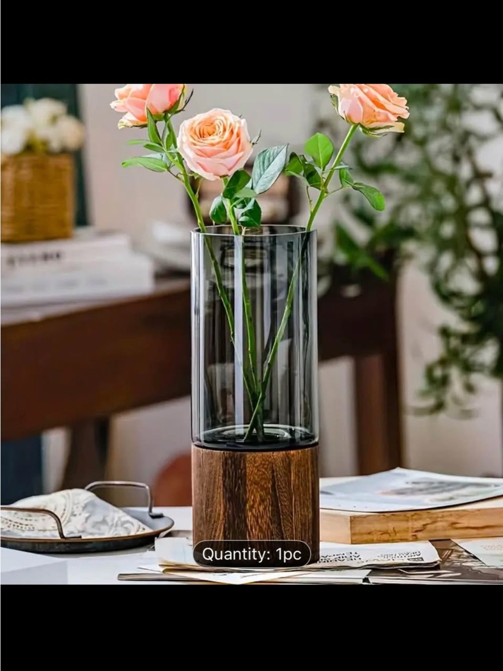 Wood Base Glass Vase - Clear Smoke and Brown